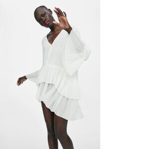 Zara White Pleated Tiered Tunic Mini Dress, NWT, XS
